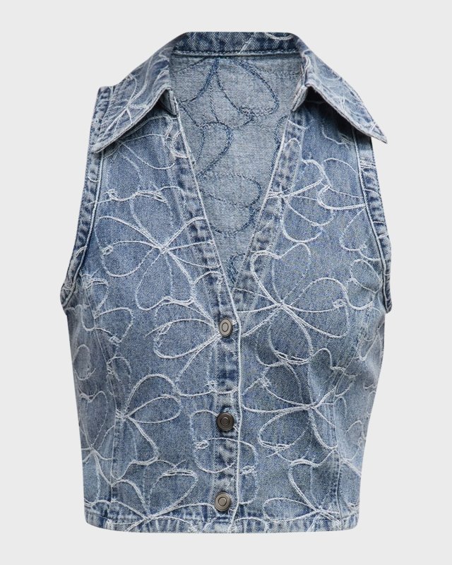 Deacon Floral-Embroidered Denim Vest